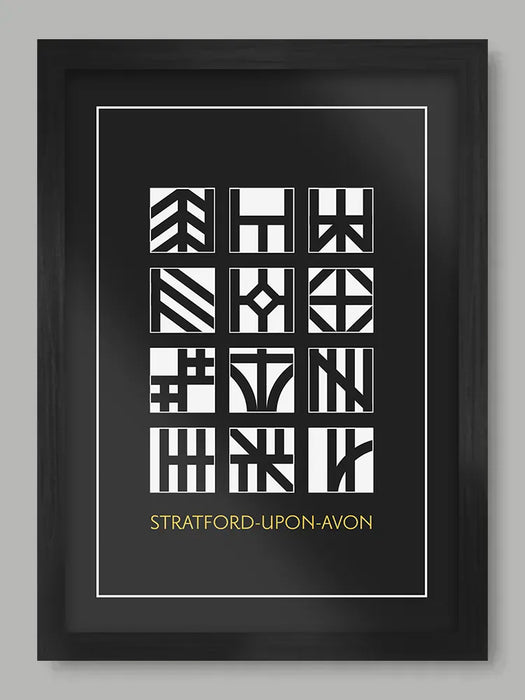 Stratford-upon-Avon Poster Print is a modernist/geometric design in the style of the famous hall timbered houses that populate the town, including Shakespeare's birthplace on Henley Street.