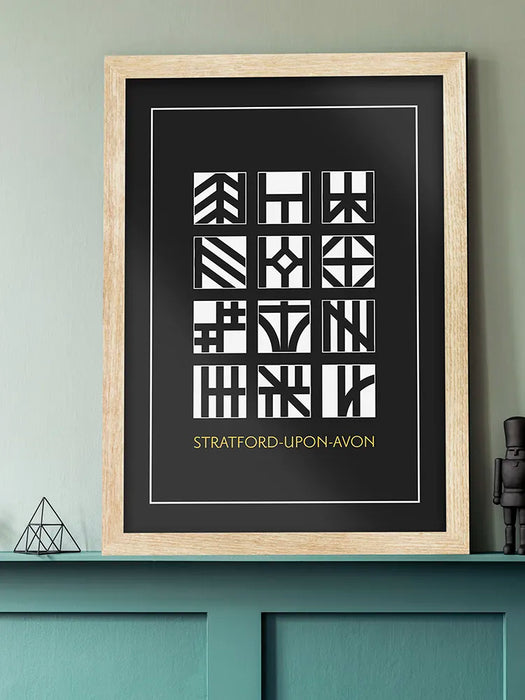 Stratford-upon-Avon Poster Print is a modernist/geometric design in the style of the famous hall timbered houses that populate the town, including Shakespeare's birthplace on Henley Street.