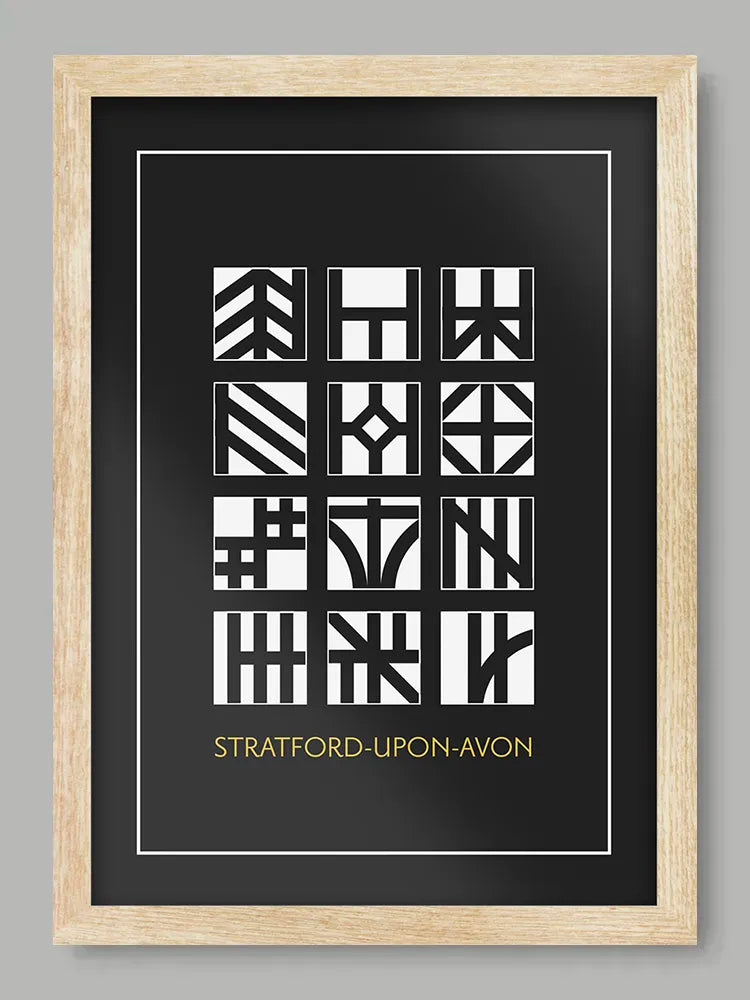 Stratford-upon-Avon Poster Print is a modernist/geometric design in the style of the famous hall timbered houses that populate the town, including Shakespeare's birthplace on Henley Street.