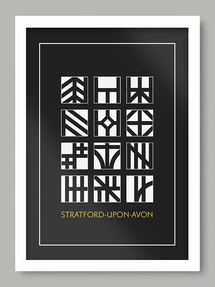 Stratford-upon-Avon Poster Print is a modernist/geometric design in the style of the famous hall timbered houses that populate the town, including Shakespeare's birthplace on Henley Street.