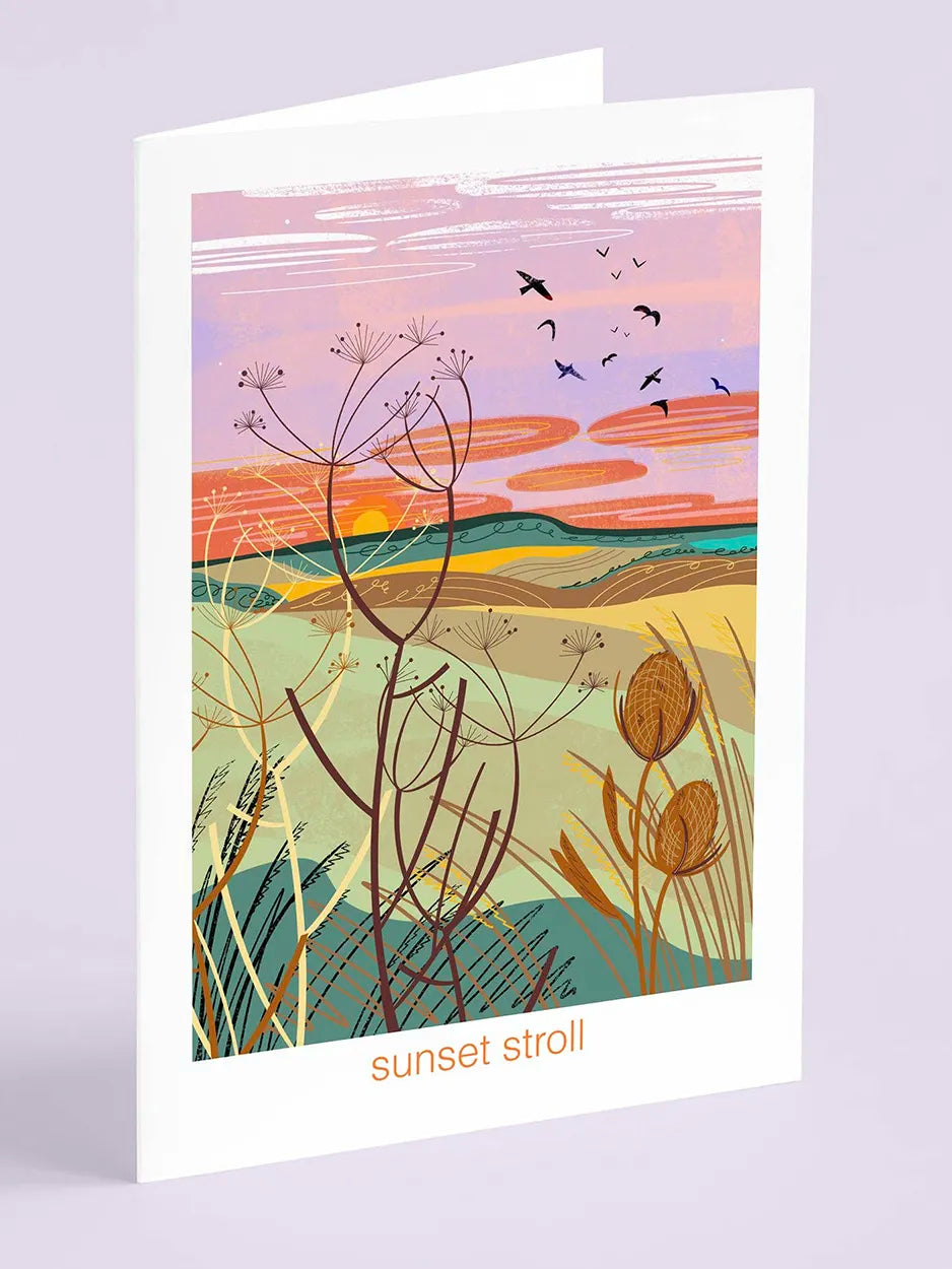 The Sunset Stroll greeting card features an illustration inspired by time spent outdoors and the small moments that make being outside feel special.