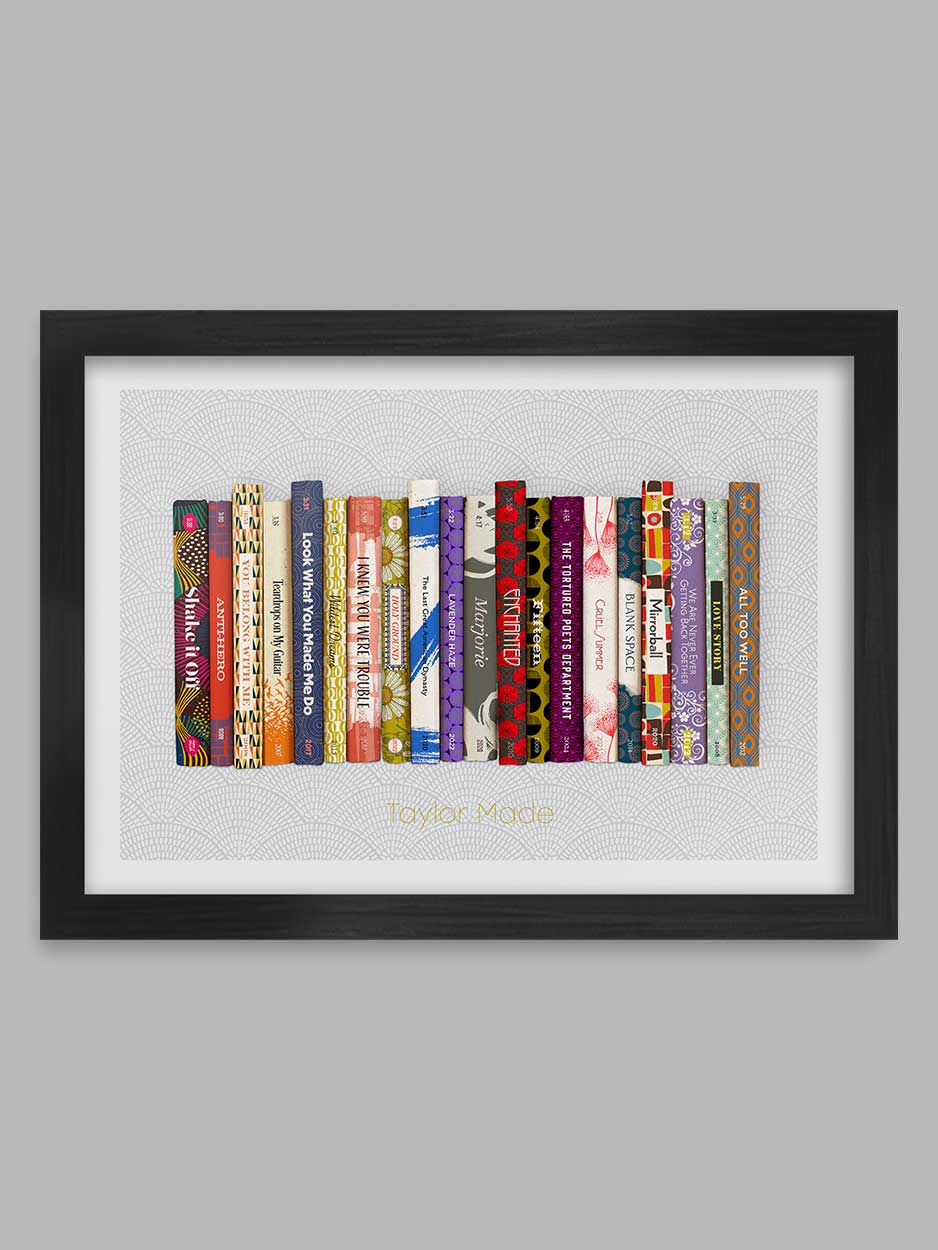 Taylor Made - Taylor Swift Song listing in a book spine style