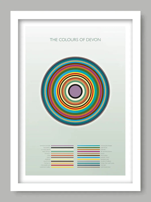The Colours of Devon - Poster Print. Abstract/Geometrical design featuring iconic colours of Devon's landmarks, nature and culture