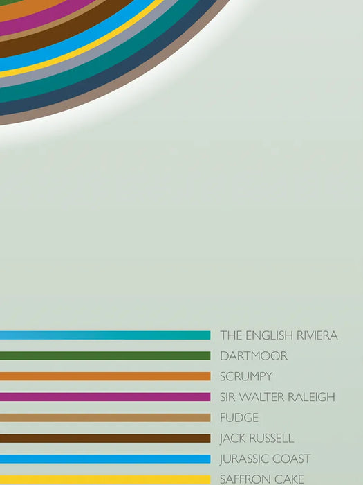 The Colours of Devon - Poster Print. Abstract/Geometrical design featuring iconic colours of Devon's landmarks, nature and culture