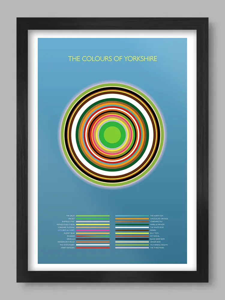 The Colours of Yorkshire - Poster Print. Abstract/Geometrical design featuring iconic colours of Yorkshire's landmarks, nature and culture.