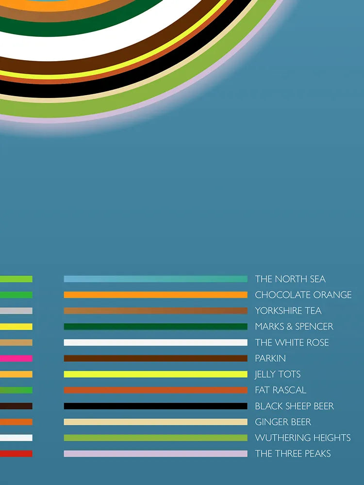 The Colours of Yorkshire - Poster Print. Abstract/Geometrical design featuring iconic colours of Yorkshire's landmarks, nature and culture.
