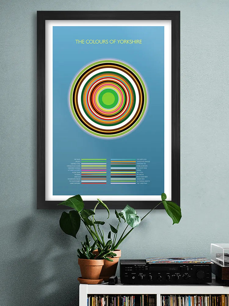 The Colours of Yorkshire - Poster Print. Abstract/Geometrical design featuring iconic colours of Yorkshire's landmarks, nature and culture.
