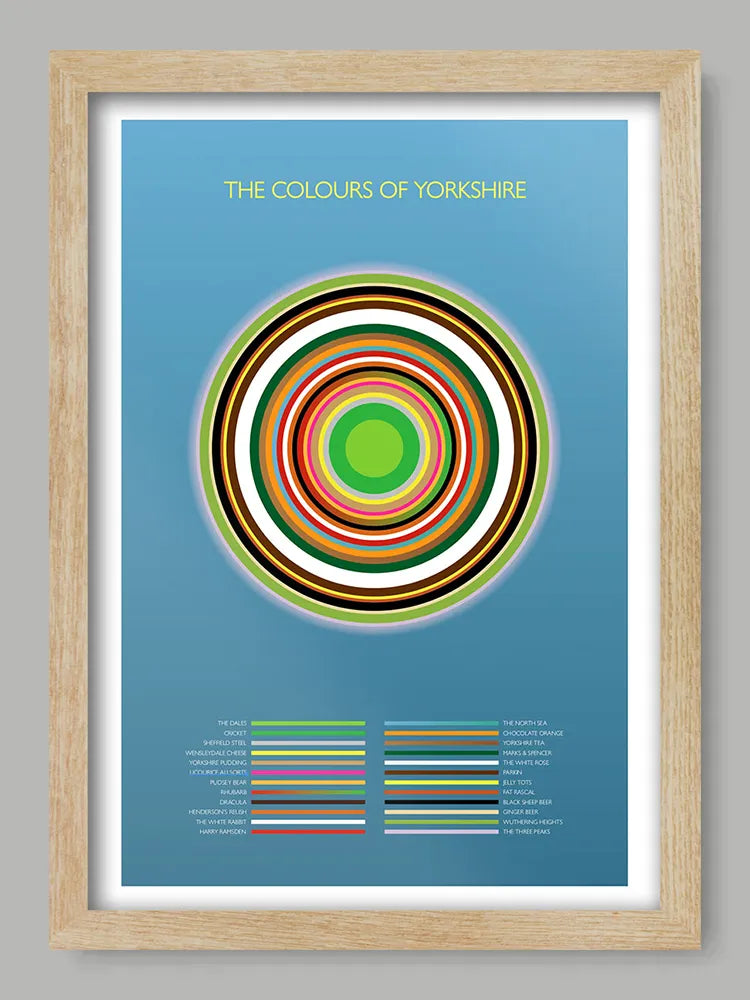 The Colours of Yorkshire - Poster Print. Abstract/Geometrical design featuring iconic colours of Yorkshire's landmarks, nature and culture.