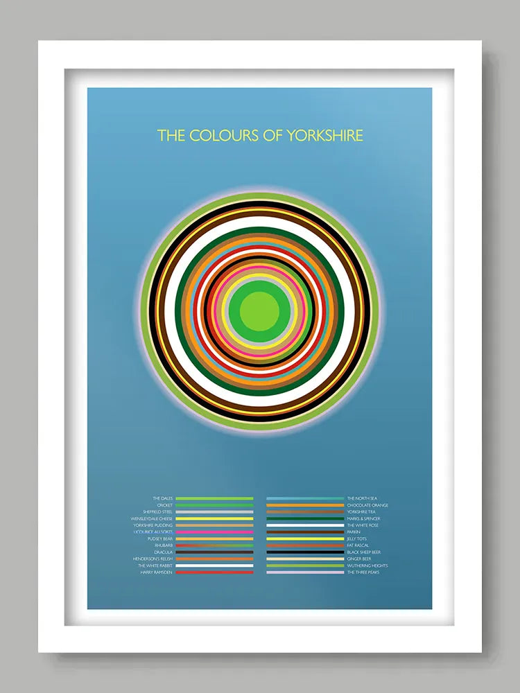 The Colours of Yorkshire - Poster Print. Abstract/Geometrical design featuring iconic colours of Yorkshire's landmarks, nature and culture.