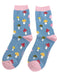 Pair of blue socks with colorful mushroom pattern on a white background