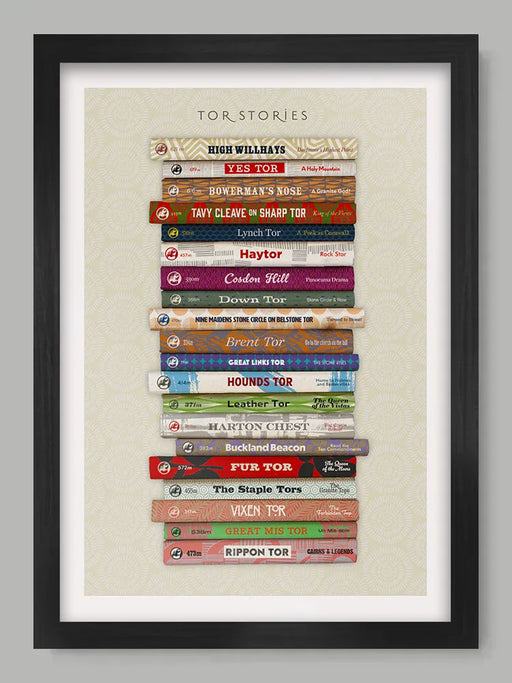 Tor Stories - Dartmoor Poster Print features some the best known Tors and most scenic locations and landmarks in Dartmoor. Including the highest point - High Willhays