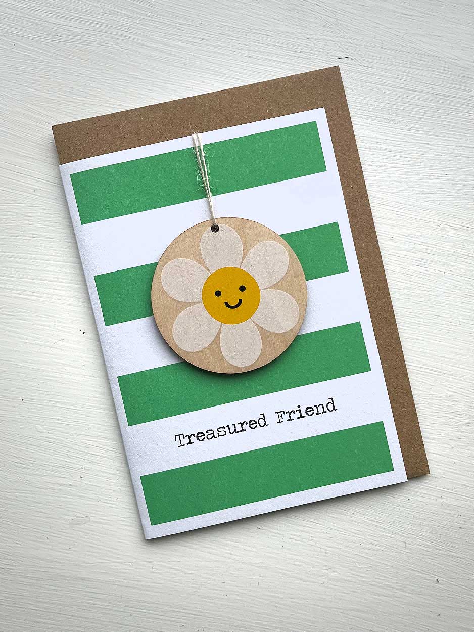 Treasured Friend Card With Wooden Decoration card Daisy Cat 