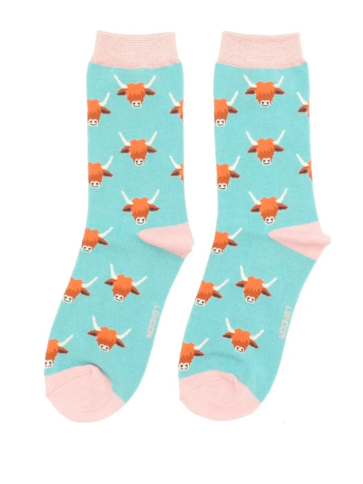 Miss Sparrow Socks - Highland Cows Duck Egg Blue