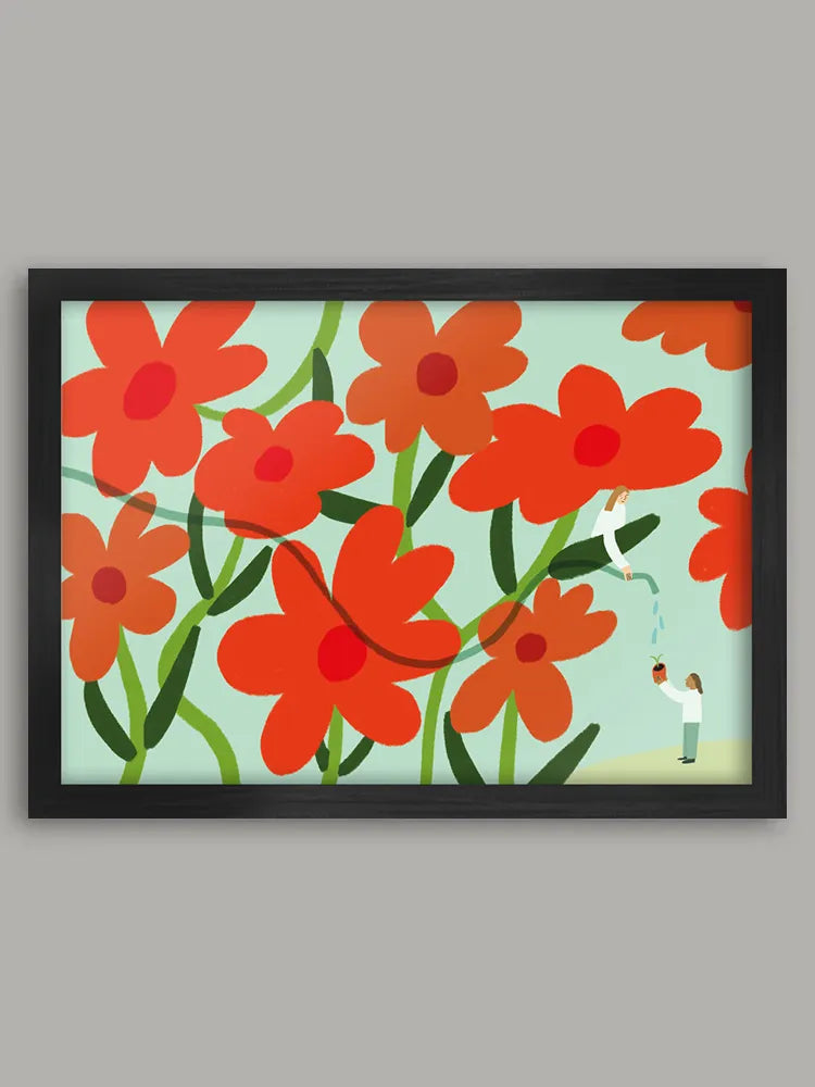 Framed artwork with red flowers and people in a garden on a gray background
