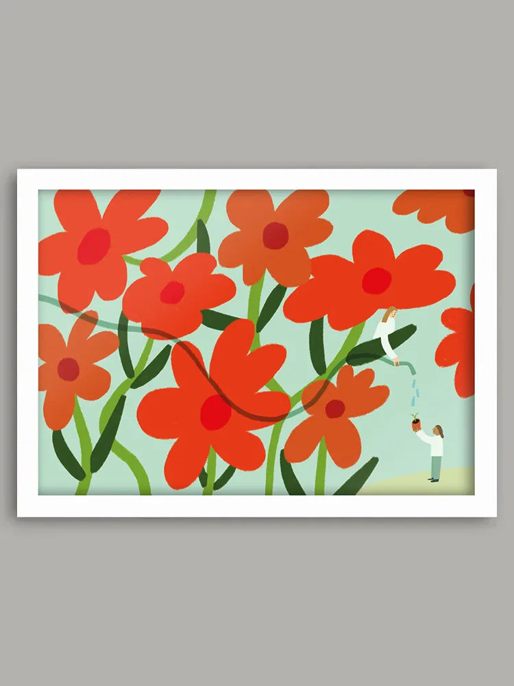 Framed artwork with red flowers and small figures on a light blue background