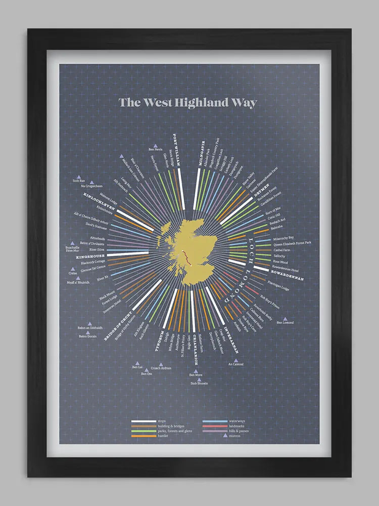 The iconic and stunning West Highland Way is a 96 mile trail running from Milngavie near Glasgow to Fort William at the gateway to Ben Nevis. The design is laid out in 96 sections to reflect the distance, with locations, landmarks and nearby Munros all featured.