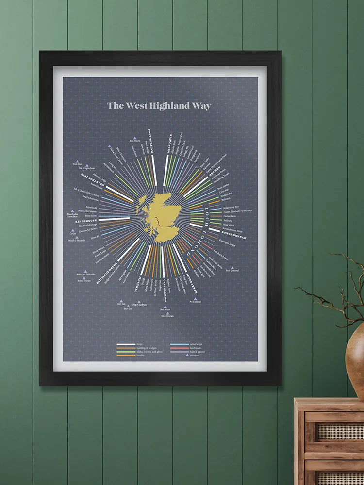 The iconic and stunning West Highland Way is a 96 mile trail running from Milngavie near Glasgow to Fort William at the gateway to Ben Nevis. The design is laid out in 96 sections to reflect the distance, with locations, landmarks and nearby Munros all featured.