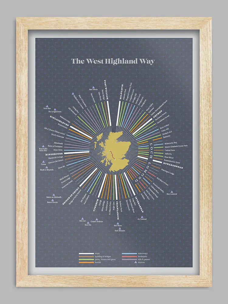 The iconic and stunning West Highland Way is a 96 mile trail running from Milngavie near Glasgow to Fort William at the gateway to Ben Nevis. The design is laid out in 96 sections to reflect the distance, with locations, landmarks and nearby Munros all featured.