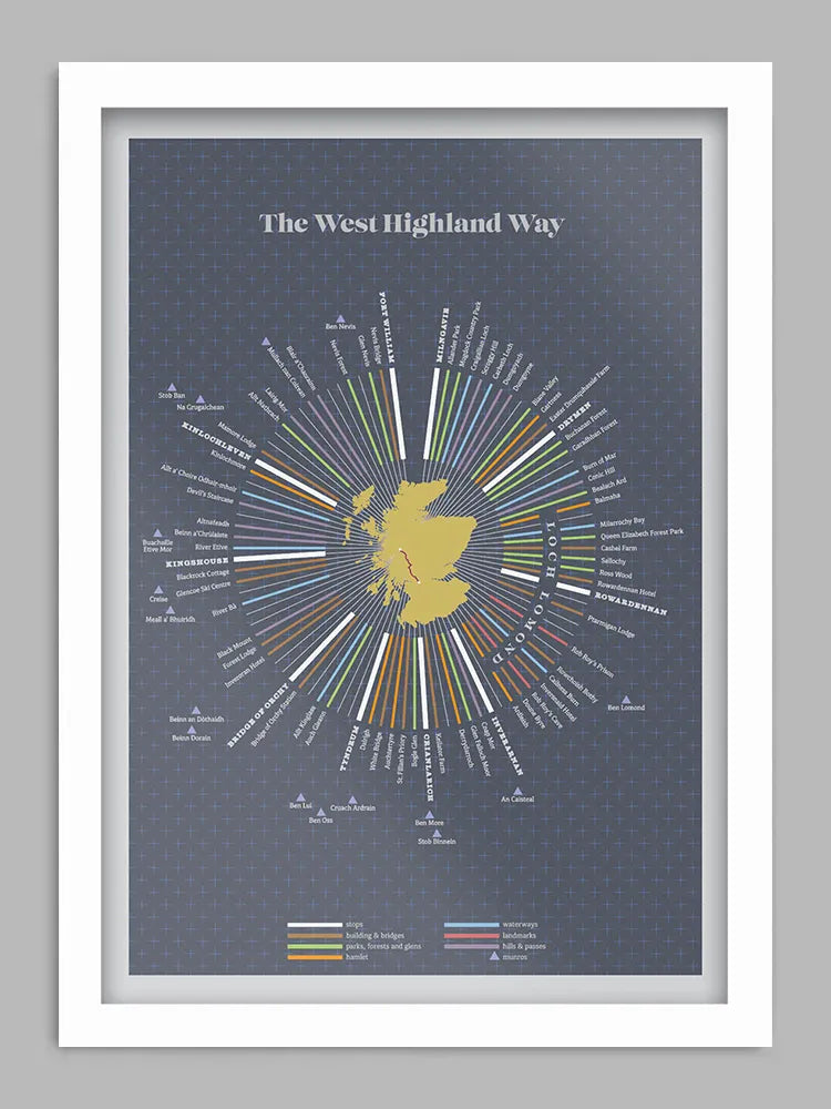 The iconic and stunning West Highland Way is a 96 mile trail running from Milngavie near Glasgow to Fort William at the gateway to Ben Nevis. The design is laid out in 96 sections to reflect the distance, with locations, landmarks and nearby Munros all featured.