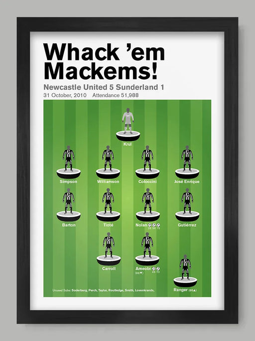Whack 'em Mackems - Newcastle United Poster Print. Team line-up graphic from the Mags iconic 5-1 victory over fierce rivals Sunderland in the Premier League.