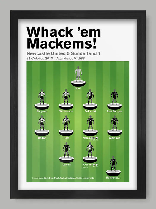 Whack 'em Mackems - Newcastle United Poster Print. Team line-up graphic from the Mags iconic 5-1 victory over fierce rivals Sunderland in the Premier League.