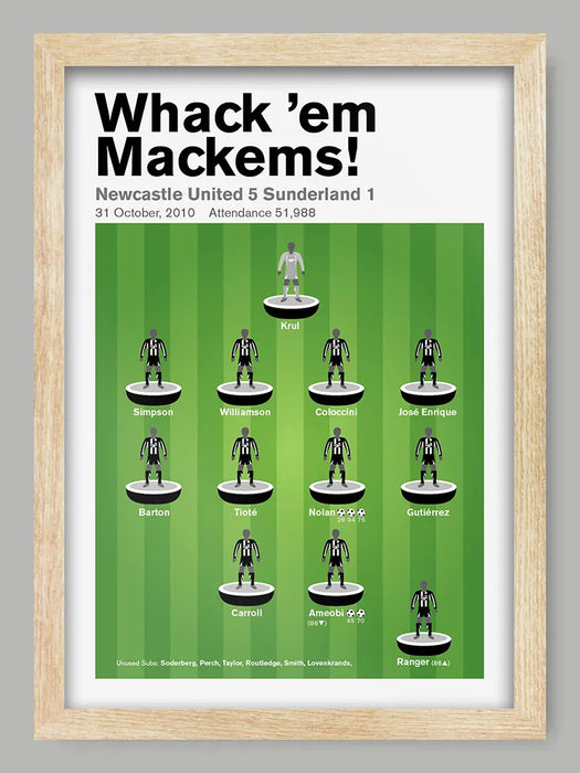 Whack 'em Mackems - Newcastle United Poster Print. Team line-up graphic from the Mags iconic 5-1 victory over fierce rivals Sunderland in the Premier League.