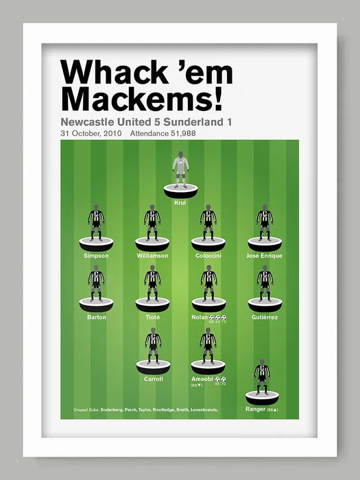 Whack 'em Mackems - Newcastle United Poster Print. Team line-up graphic from the Mags iconic 5-1 victory over fierce rivals Sunderland in the Premier League.
