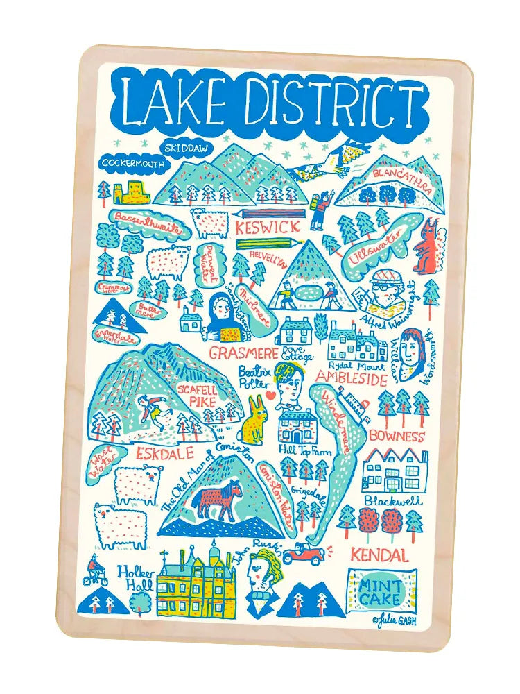Illustrated wooden postcard map of Lake District with various locations and landmarks.