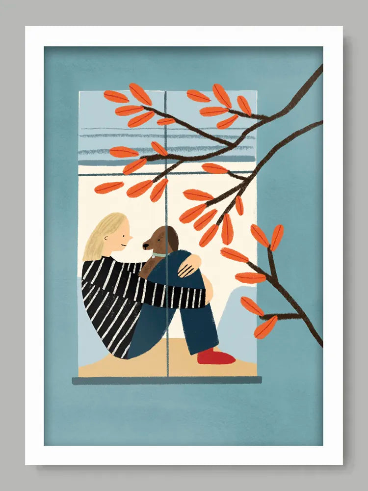 Illustration of a woman and child with a dog by a window with autumn leaves.
