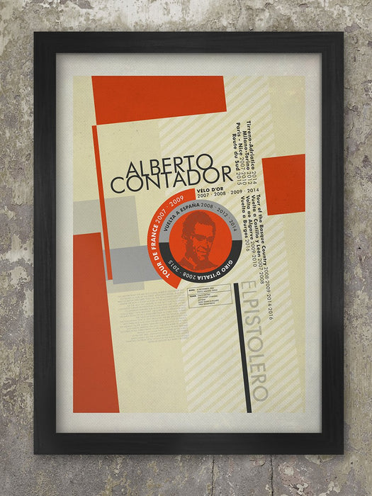 Alberto Contador Palmarès Cycling Poster Print. Produced in the style of the old Bauhaus and Constructivist posters, The Alberto Contador Palmarès - displays the achievements of the great Spanish cyclist. There's also a biography paragraph of his career. part of a series which includes Eddy Merckx, Gino Bartali, Fausto Coppi and Fabian Cancellara. Alberto Contador - El Pistolero