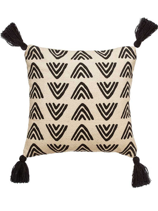 block print cushion with tassels 