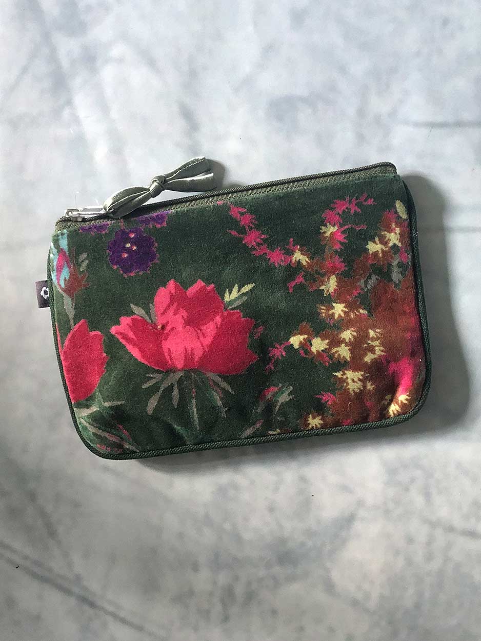 Botanical Velvet Zipped Pouch traditional gift Earth Squared Green 