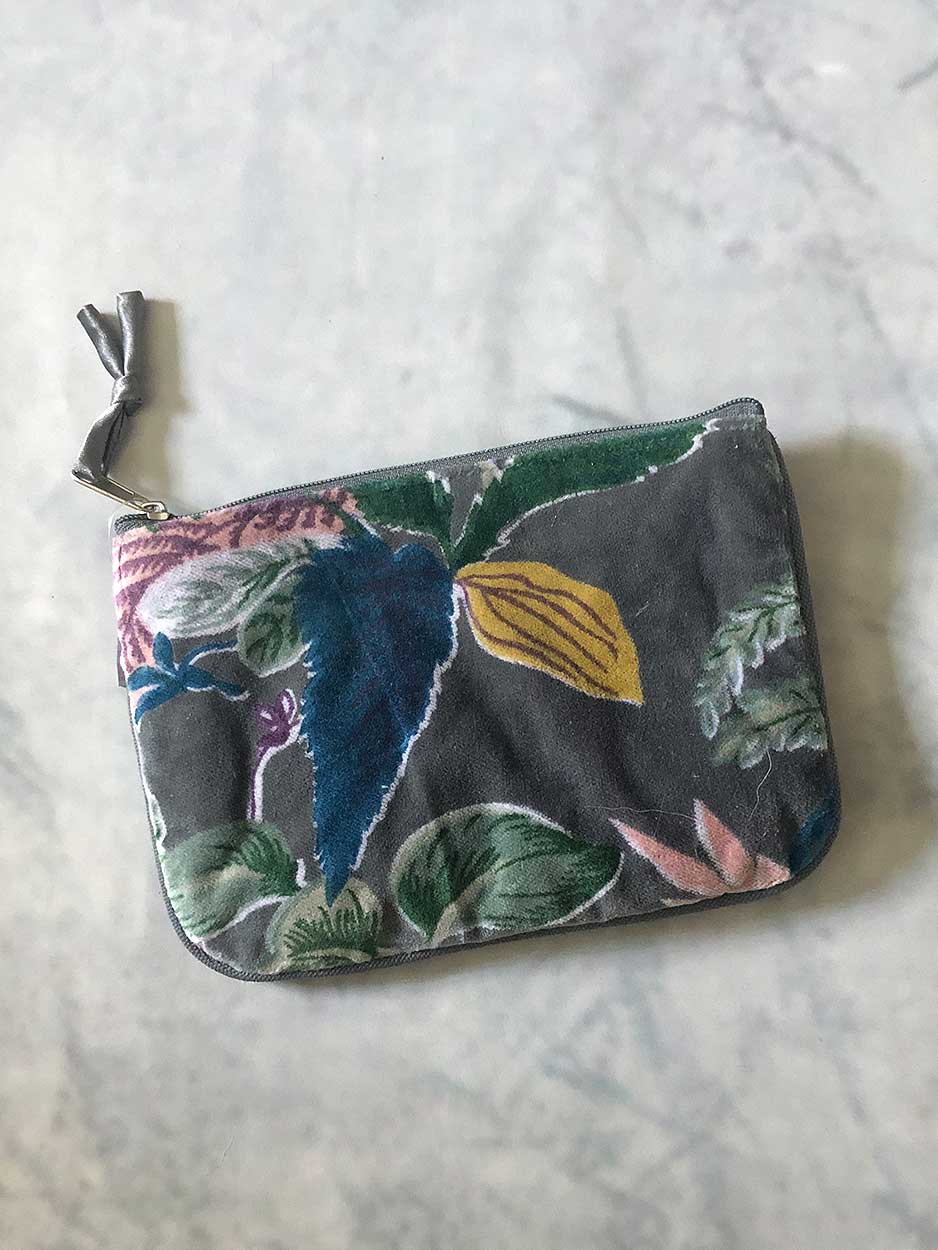 Botanical Velvet Zipped Pouch traditional gift Earth Squared Grey 