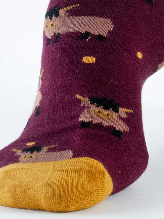 Burgundy Highland Cow Design Socks (Size 7-11) Gift Doris & Dude 