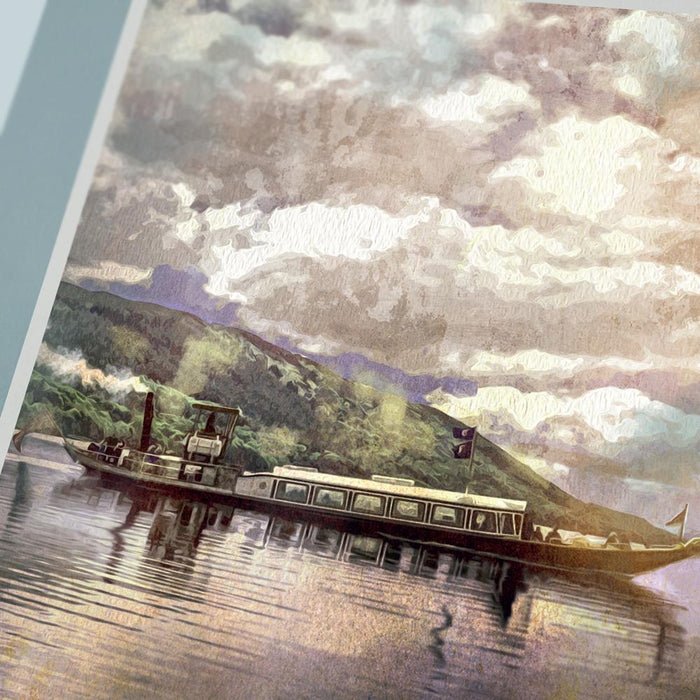 Celebrating beautiful Coniston Water. This retro styled print reflects the Gondola steam trips that can be taken on the lake.