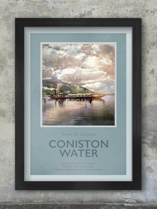 Celebrating beautiful Coniston Water. This retro styled print reflects the Gondola steam trips that can be taken on the lake.