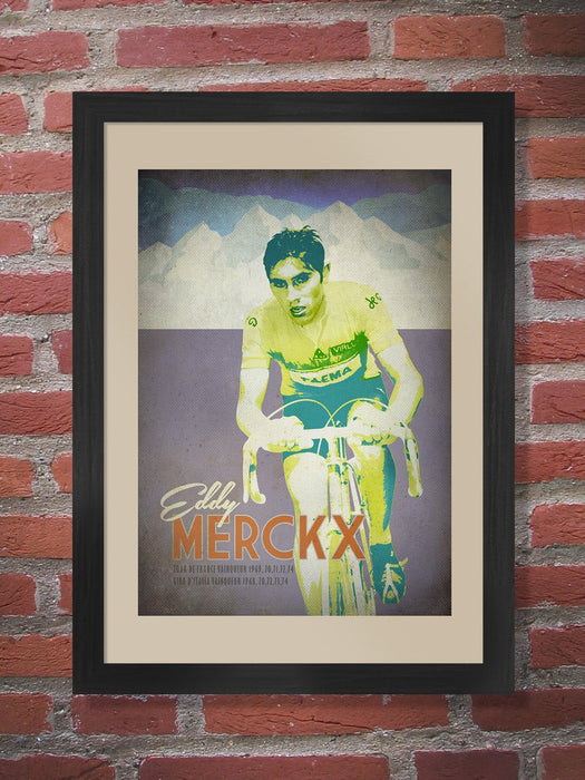  Eddy Merckx Retro cycling poster which highlights is unrivalled record in the Grand Tours. An original artwork from The Northern Line. The image celebrates Eddy's 1969 Tour de france victory when riding for Faema. Eddy of course would go on to win multiple Grand Tour and one-day classics victories.