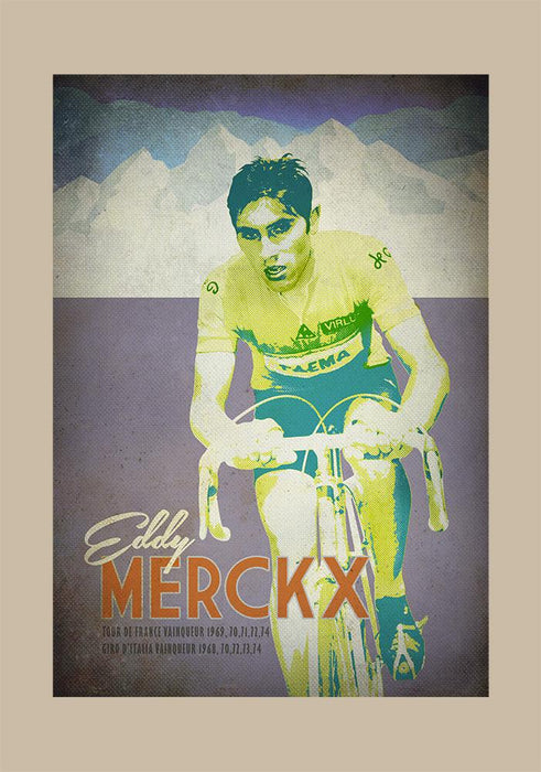  Eddy Merckx Retro cycling poster which highlights is unrivalled record in the Grand Tours. An original artwork from The Northern Line. The image celebrates Eddy's 1969 Tour de france victory when riding for Faema. Eddy of course would go on to win multiple Grand Tour and one-day classics victories.