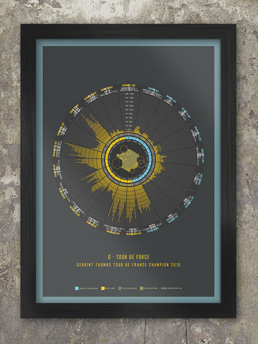 Geraint Thomas - Tour de France Cycling Poster. The poster celebrates and charts Geraint Thomas' 2018 Tour de France victory. The graphic records his Stage and General Classification positions together with elevation illustrations and his cumulative time for the race per stage. The centre piece features a stylised map indicating each stage location. The lad who started out with Maindy Flyers, who went on to win Olympic gold and the iconic Maillot Jaune.
