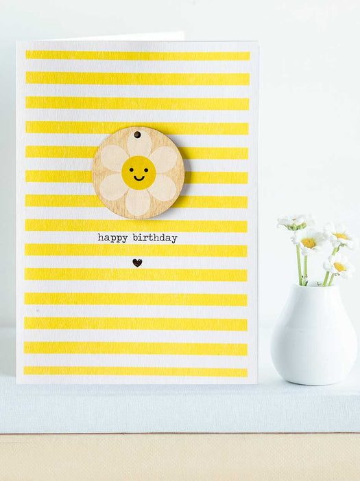 Happy Birthday Card With Wooden Daisy Decoration - Striped card Daisy Cat 
