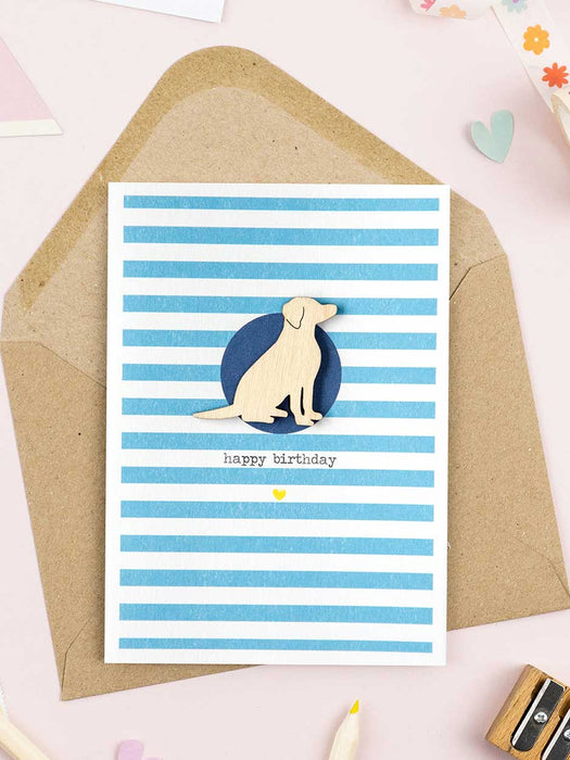 Happy Birthday Card With Wooden Dog Decoration - Striped card Daisy Cat 