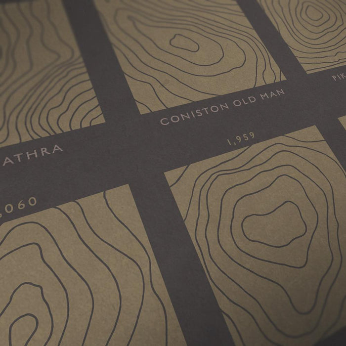 Lake District Elevations - An artistic impression of the contour lines from the Ordnance Survey maps the poster features 12 of the iconic fells of the Lake District.