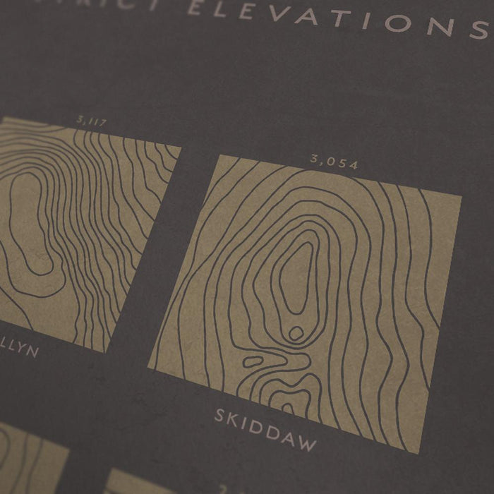 Lake District Elevations - An artistic impression of the contour lines from the Ordnance Survey maps the poster features 12 of the iconic fells of the Lake District.
