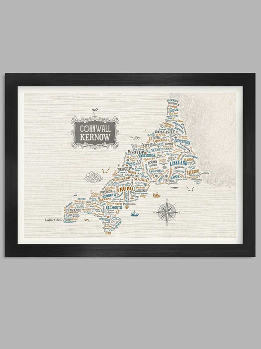 Map of Cornwall typographic poster 
