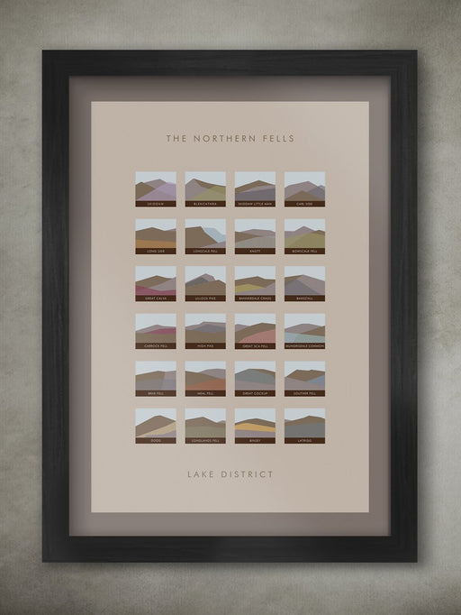 Our Northern Fells geometric poster shows all 24 listed fells from Alfred Wainwright's journal. The brown themed poster reflects the colour coding of Wainwright's journal. 