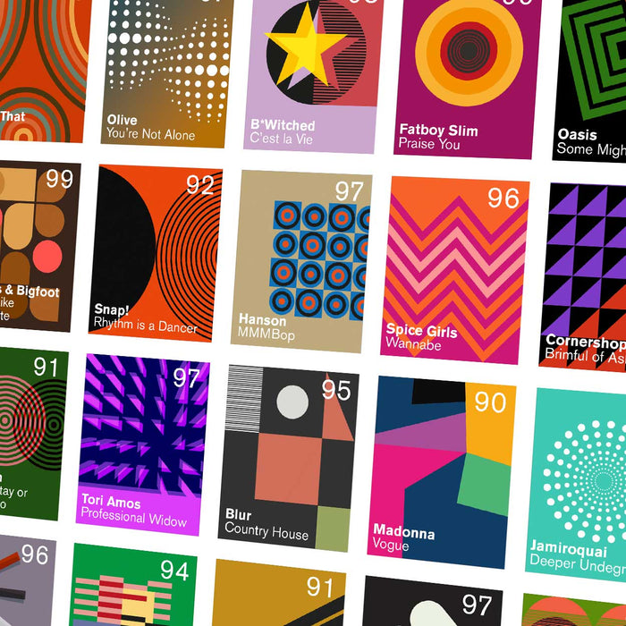 Number Ones of the Nineties - Music Poster Print. Modernist style abstract poster of No.1 UK hits 