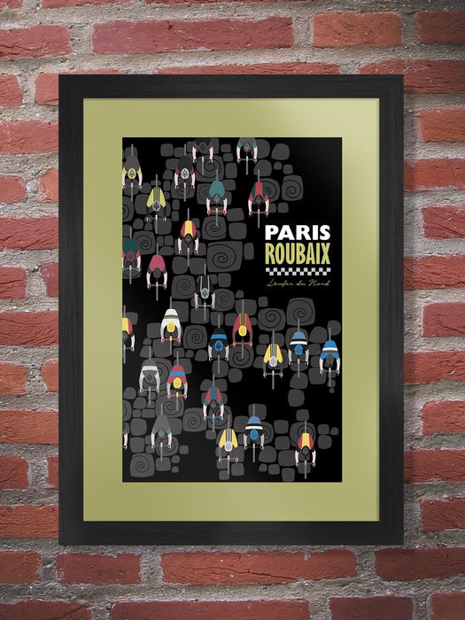 Paris Roubaix Cycling Poster Print - Cycling Classics. The iconic race christened 'The Hell of the North' illustrated overhead view including the famous cobbles.