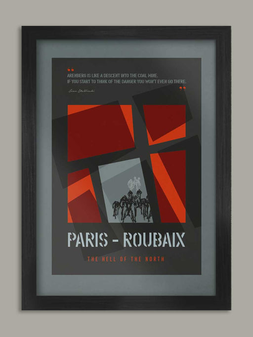Paris Roubaix Cycling Poster Print - Dark grey and red stylised cobbled poster and featuring the classic phrase 'Hell of the North'.