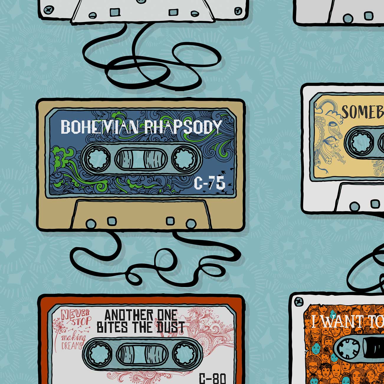 Queen music poster. Hit singles in cassette tape style.