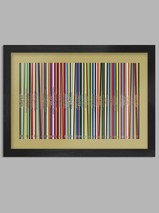 Record Collection - Music Poster. Based on vinyl album cover spines and includes The Beatles, Queen and many more.